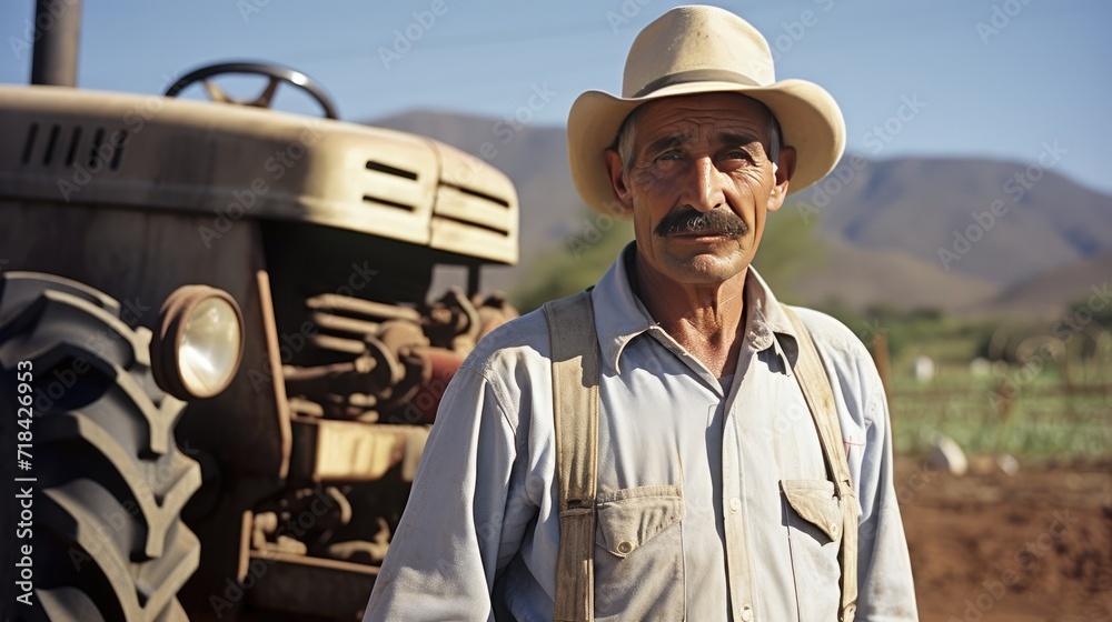 Mexican senior male farmer standing next to the tractor 