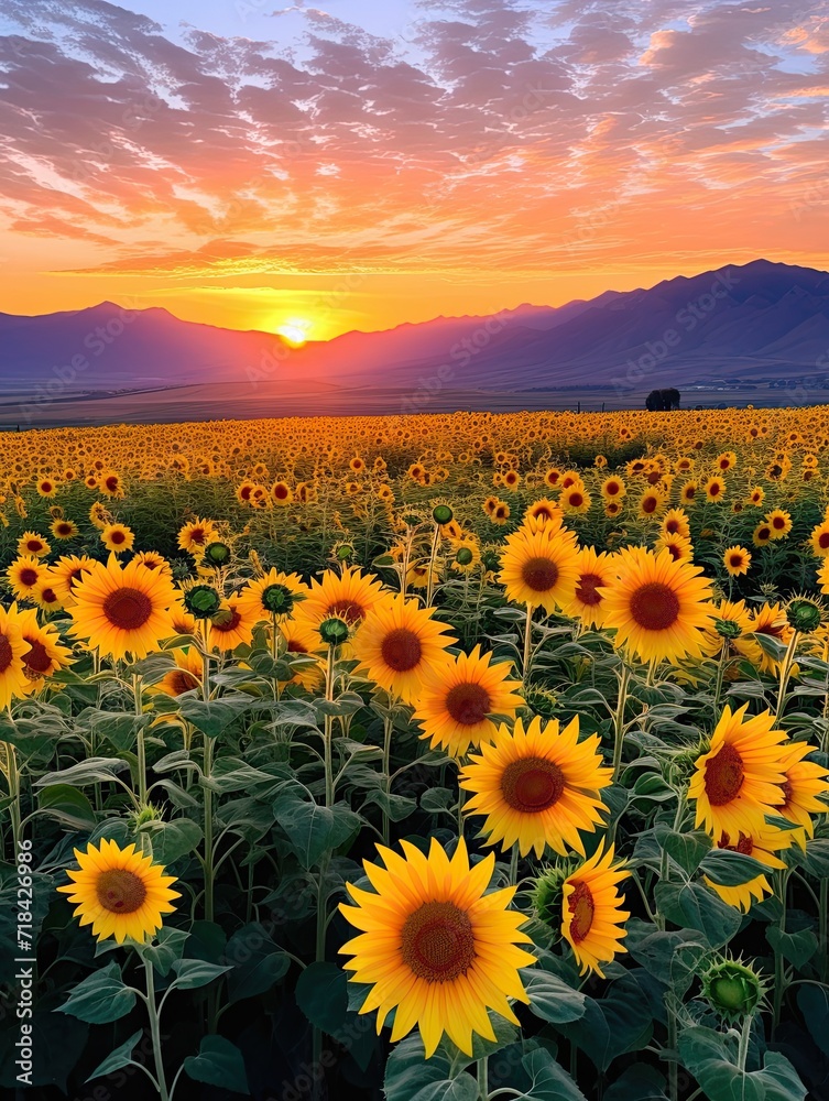 Obraz premium Sunflower Fields at Dawn: Rolling Valleys Embraced by Vibrant Sunflowers