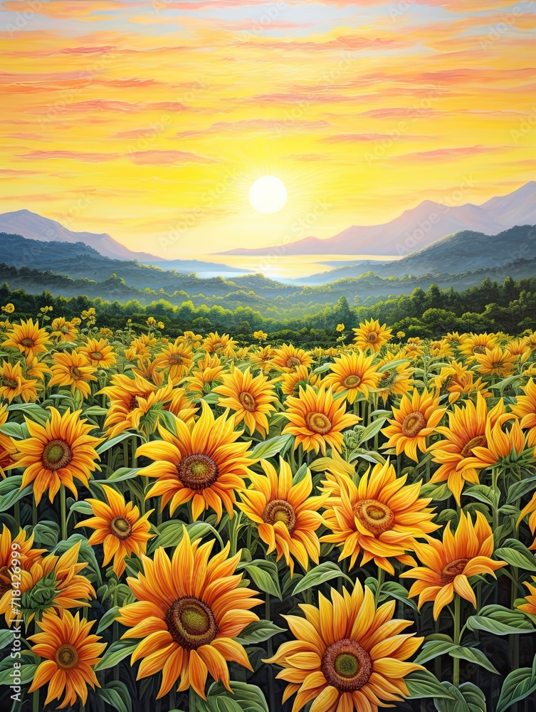 Fototapeta premium Dawn Sunflower Fields Vintage Painting: Captivating Artistry