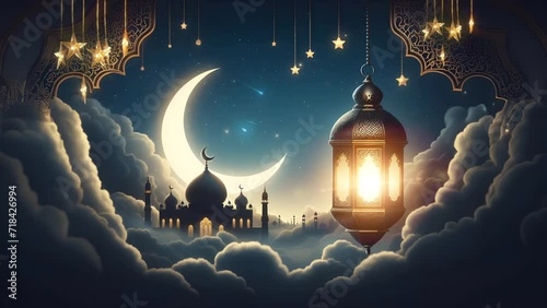 Islamic background for ramadan lantern and crescent moon. seamless looping 4K virtual video animation background