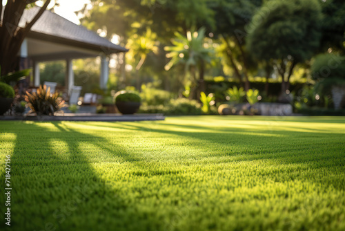 An expanse of freshly cut grass in a perfectly manicured lawn, illustrating the crisp and tidy appearance of a well-kept garden. Generative Ai.