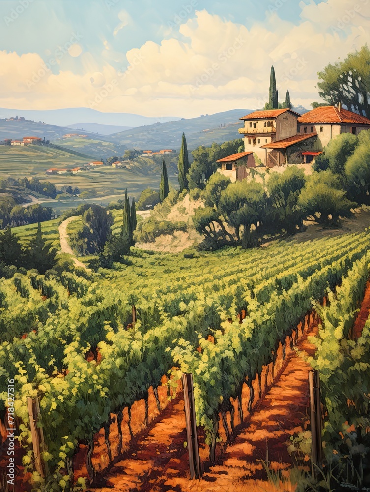 Vintage Tuscan Sunlit Vineyards: Scenic Italian Winery Painting