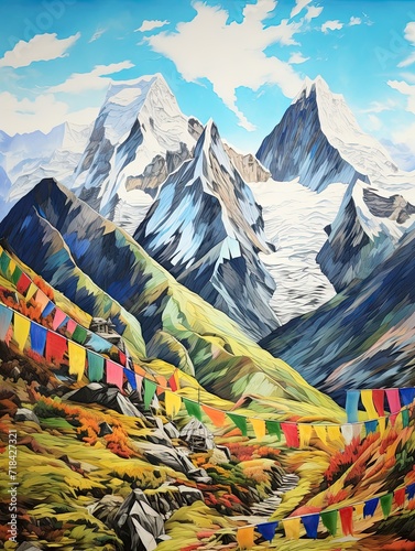 Tibetan Prayer Flags: Abstract Landscape with Artistic Mountain Flags