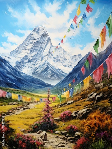 Mountain Beach Serenity: Tibetan Prayer Flags Amidst Majestic Mountains