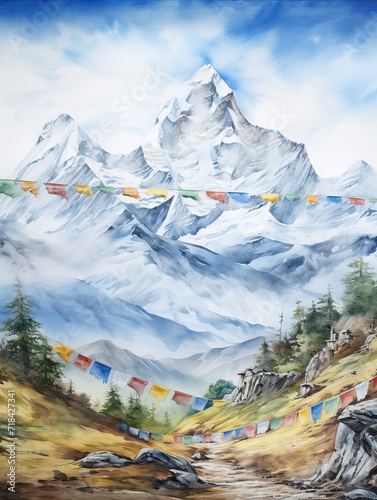 Tibetan Prayer Flags in Majestic Mountain Landscape - Canvas Print for Peaceful Home Decor