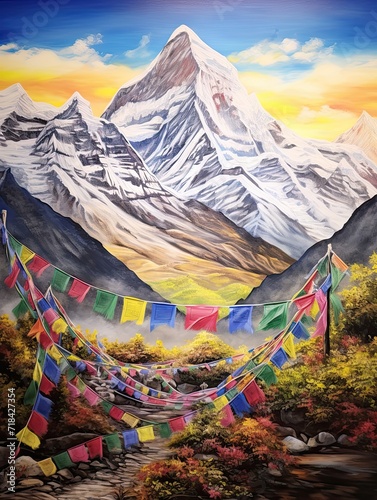 Tibetan Prayer Flags in Mountains: Canvas Print Landscape with Mountain Prayer Flags. © Michael