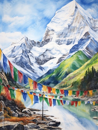 Tibetan Prayer Flags in Mountains: Serene Landscape Canvas Print