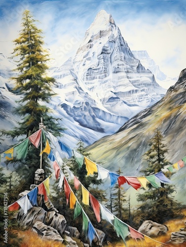 Tibetan Prayer Flags in Mountains National Park Art Print: Serene Summits of Flagged Blessings