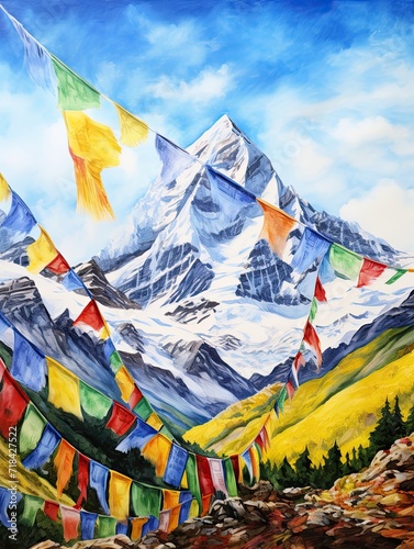 Tibetan Prayer Flags: Serene Mountains National Park Art Print