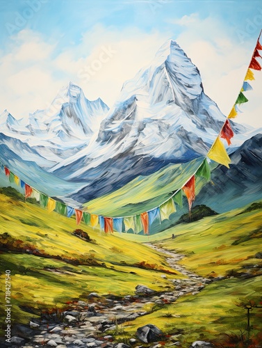 Tibetan Prayer Flags in Rolling Mountains: Artistic Visions of Flag-Covered Hills