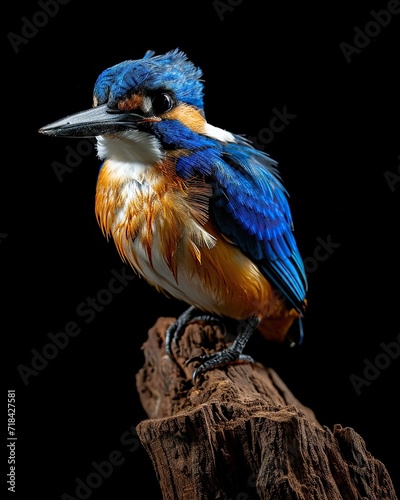 Portrait Elegant Azure Kingfisher standing on small root 