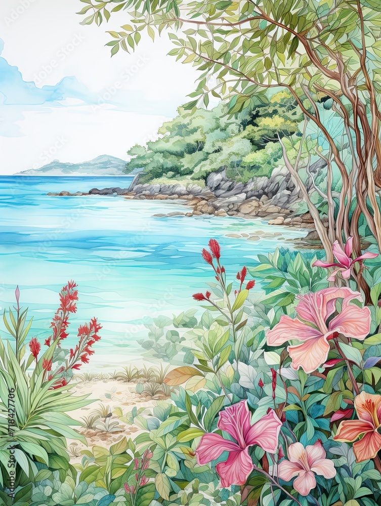 Turquoise Botanical Delight: Florals Adorning Caribbean Shorelines