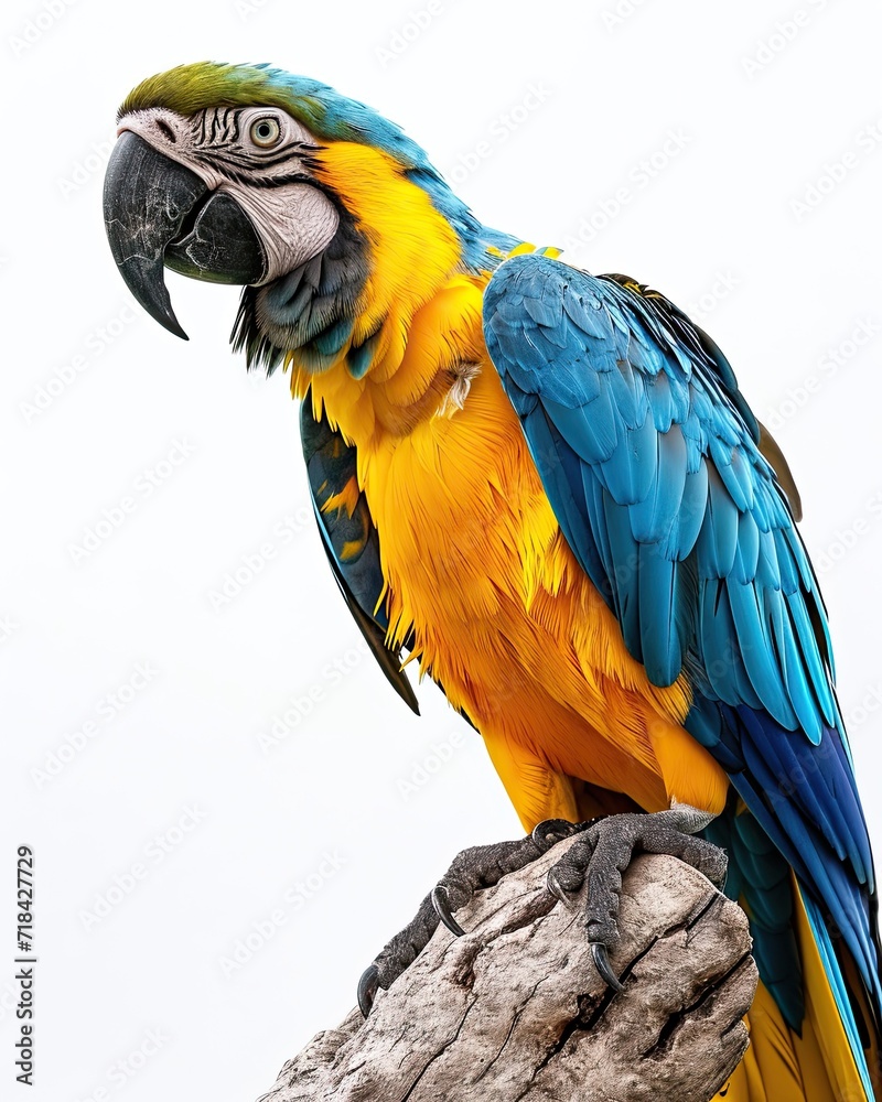 Beautiful Blue and Gold Macaw on old wood AI Generative