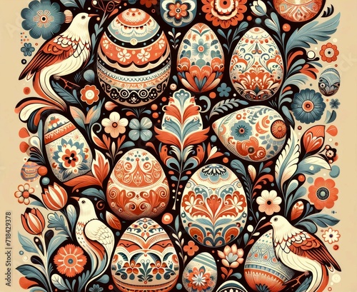 Folk Art Style Easter Eggs and Birds Illustration, Springtime Theme