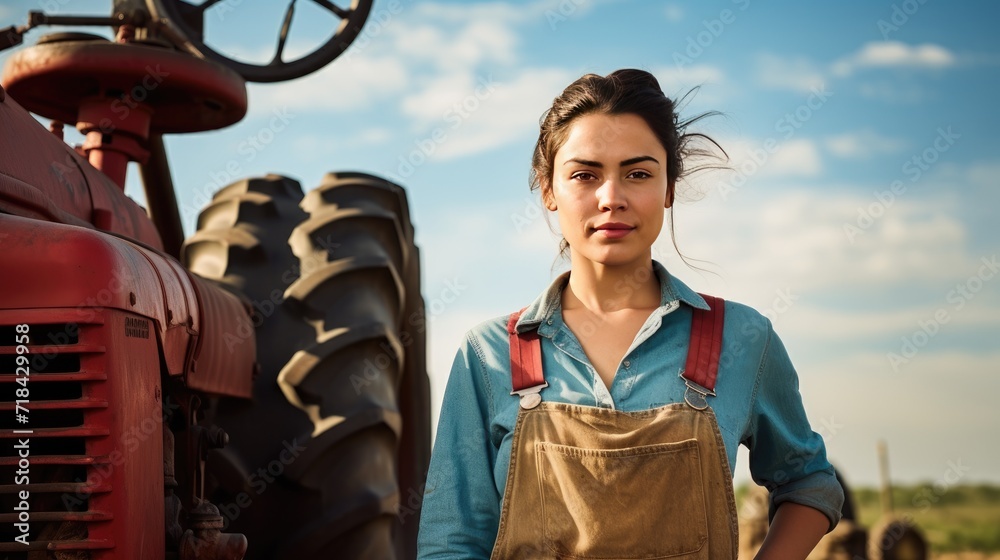 Mexican young female farmer standing next to the tractor 