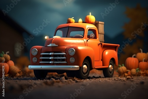 cute pickup with Halloween's pumpkin on the road