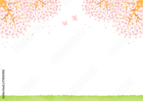 綺麗な桜と草原の風景イラスト