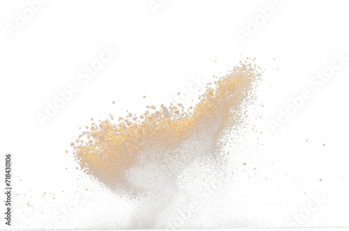 Big size Sand flying explosion, Golden grain wave explode. Abstract cloud fly. Yellow colored sand splash throwing in Air. Black background Isolated selective focus blur