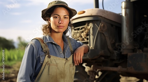 Mexican young female farmer standing next to the tractor 