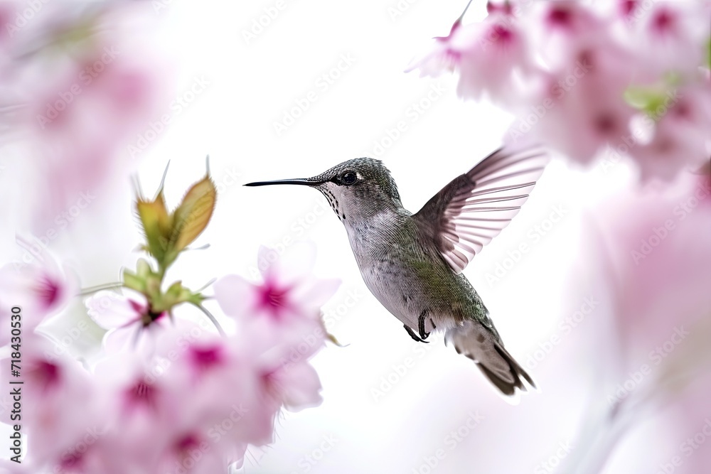 Fototapeta premium The Hummingbird flying and finding cherry blossom nectar flower AI Generative