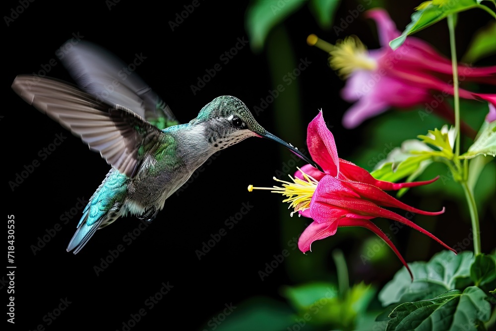 Fototapeta premium Beautiful Hummingbird flying and finding Columbine nectar flower on black background AI Generative