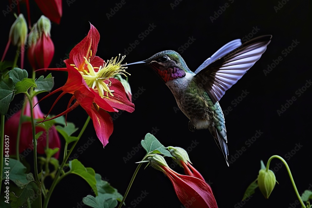 Fototapeta premium The Hummingbird flying and finding Columbine nectar flower AI isolated on black Generative