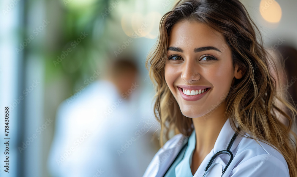 Business portrait of beautiful smiling latina female doctor looking at camera in white coat with stethoscope in hospital. Business portrait of beautiful smiling latina female doctor looking at camera in white coat with stethoscope in hospital.