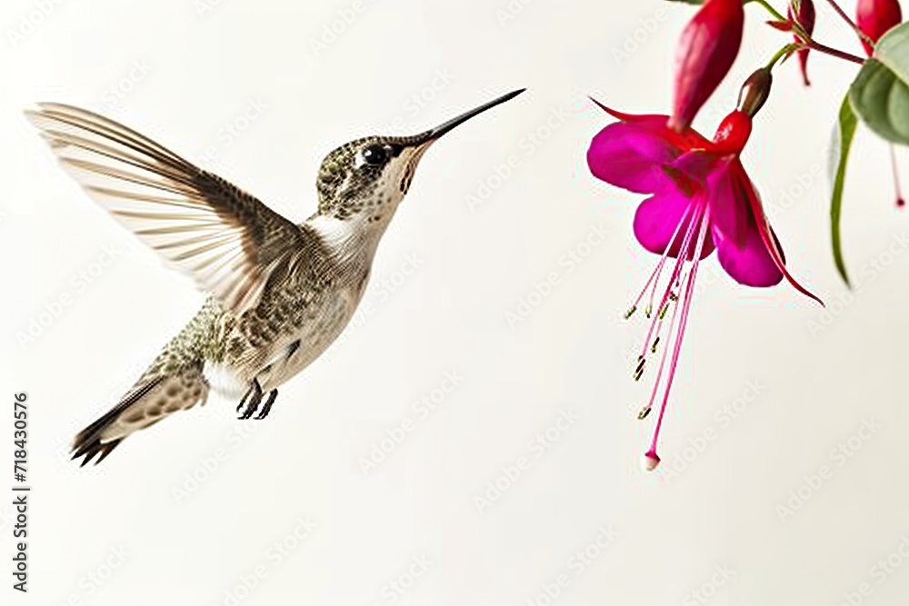 The Hummingbird finding Fuchsia nectar flowers Isolated on white AI Generative