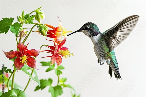 Beautiful Hummingbird flying and finding Columbine nectar flower AI Generative