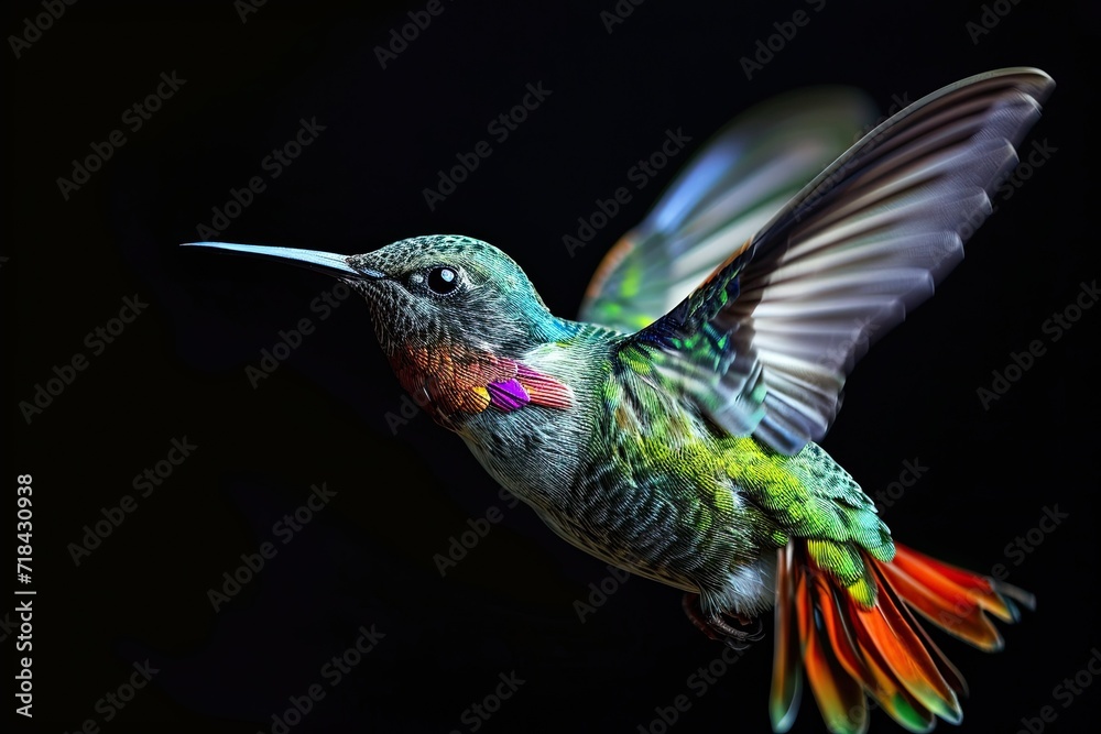 Fototapeta premium Beautiful Hummingbird flying on the black background AI Generative