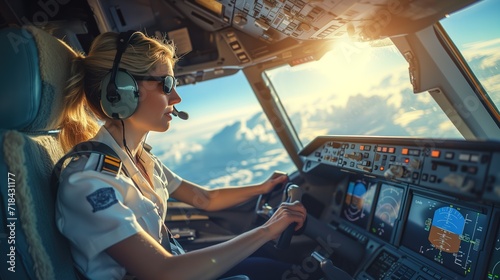 Woman Pilot Navigating Commercial Airplane Cockpit