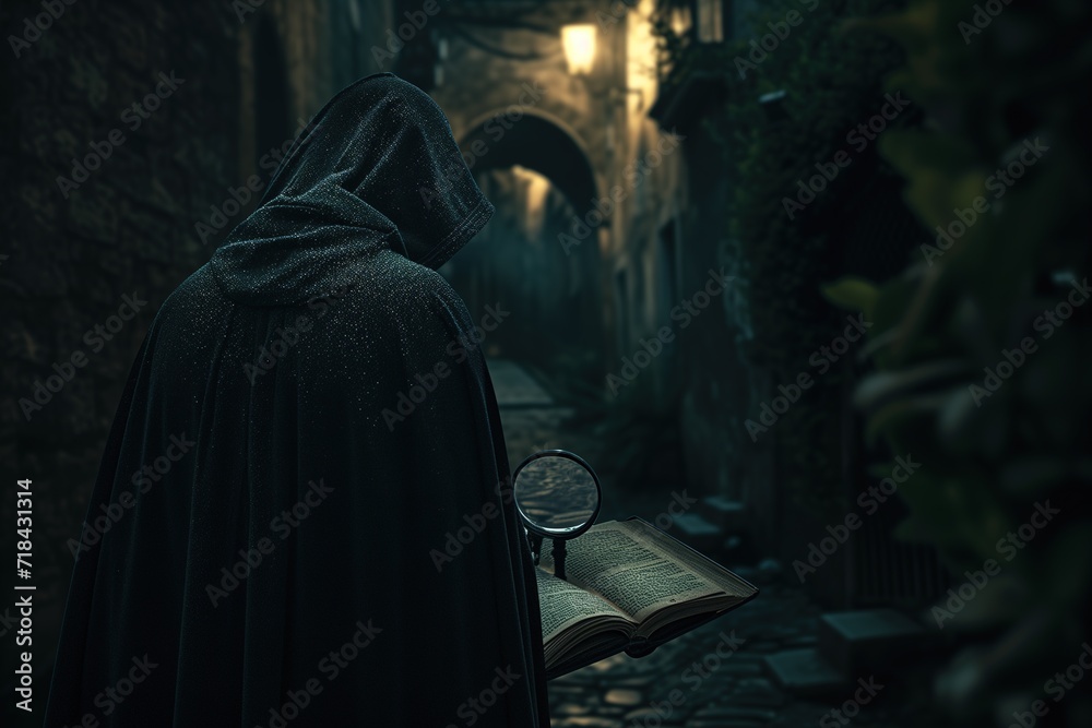 Cloaked Detective with Magnifying Glass on a Dark Street Cloaked Detective with Magnifying Glass on a Dark Street