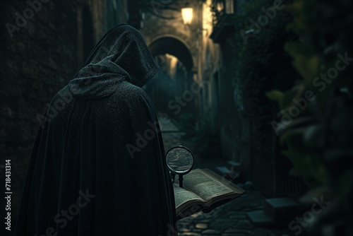 Cloaked Detective with Magnifying Glass on a Dark Street