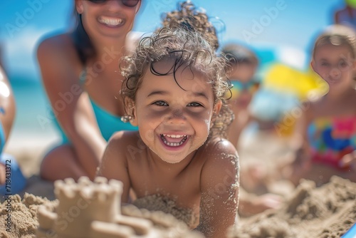 Toddler Enjoying Sandcastle Play at Beach