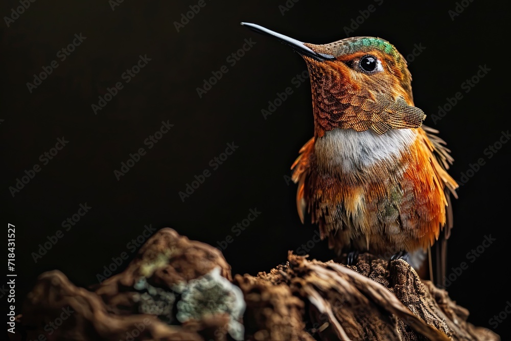 Obraz premium Portrait Hummingbird standing on old wood isolated on black AI Generative