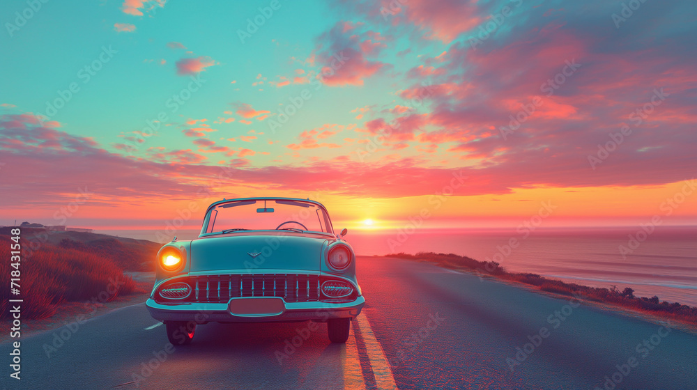 Retro 1960s travel scene, classic car on a coastal road sunset background