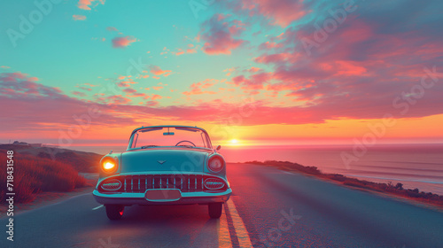 Retro 1960s travel scene, classic car on a coastal road sunset background © Chathuranga