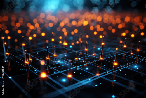 Glowing nodes connected by digital threads, illustrating the interconnectivity of devices and systems in the Internet of Things (IoT). Concept of IoT connectivity. Generative Ai.