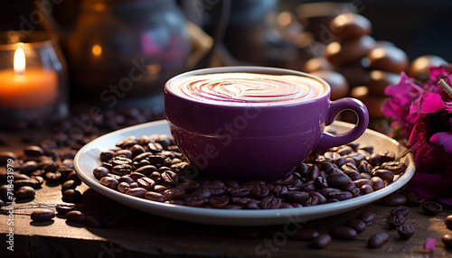 Fresh coffee bean on wooden table, hot drink in mug generated by AI