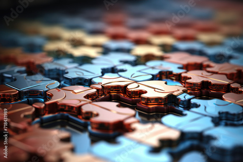 An abstract representation of an algorithmic puzzle coming together, emphasizing the role of algorithms in shaping the online experience. Concept of algorithmic intelligence. Generative Ai.