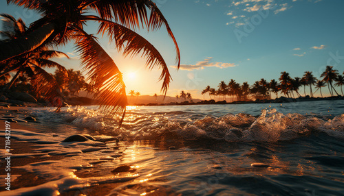 Tropical sunset, palm tree, water, sand, relaxation generated by AI