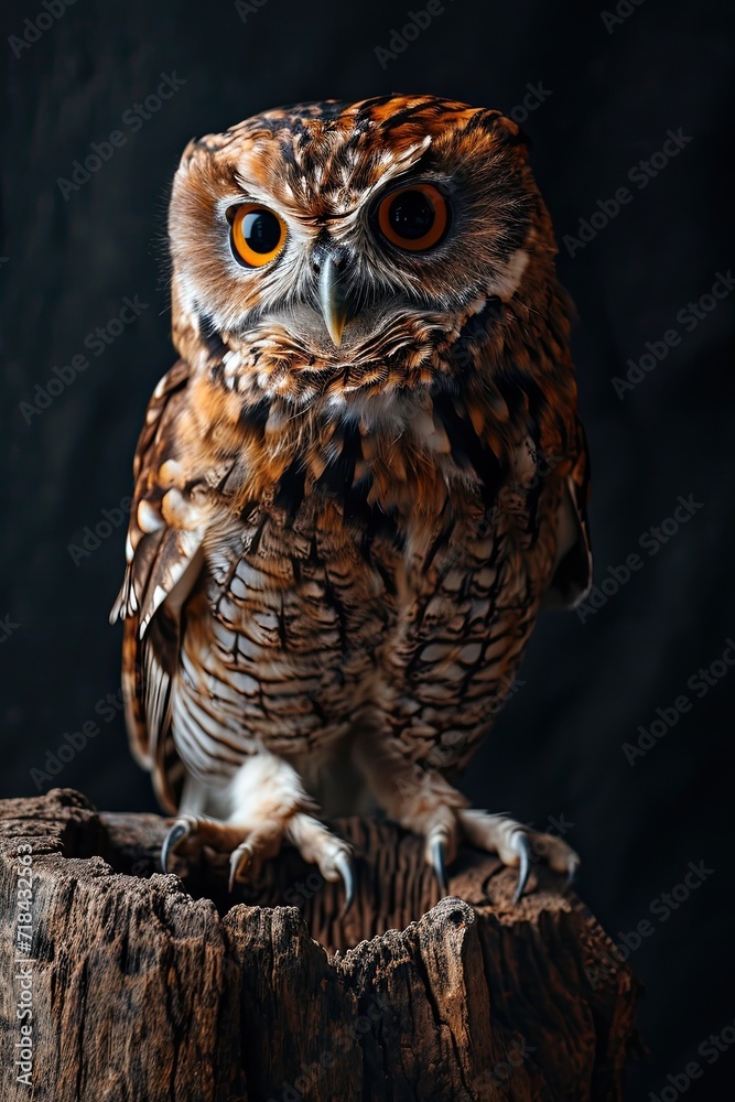 Obraz premium The Little Owl standing on the dark background