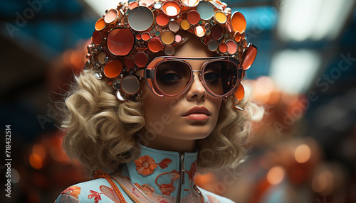 Young adult woman with blond hair and sunglasses generated by AI