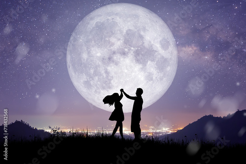 Silhouette of Couple, Lover, Relationship at night landscape..