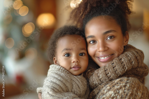 Afro-American Mother and Her Baby in Arms, Family Portrait with Copy Space Inside the Home, Happy Woman and Her Daughter Smiling, Mother's Day, Women's Day