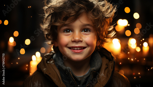 Smiling child, cheerful boys, winter joy, illuminated night, celebration outdoors generated by AI
