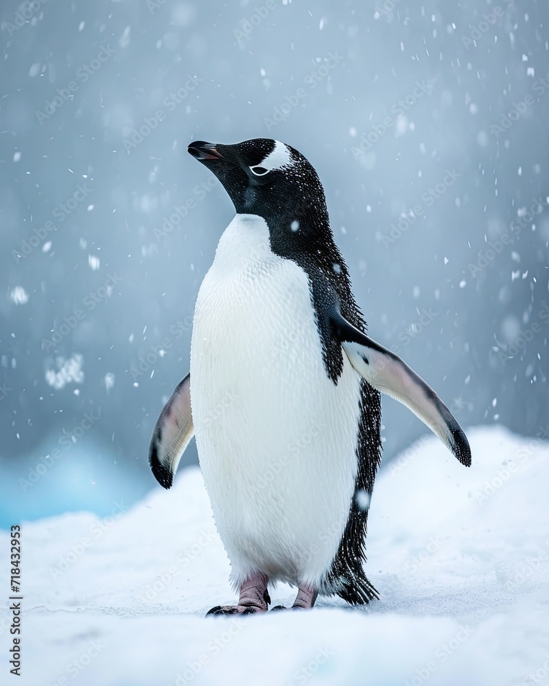 Fototapeta premium Portrait Penguin Adelie standing on ice in snow fal AI Generative