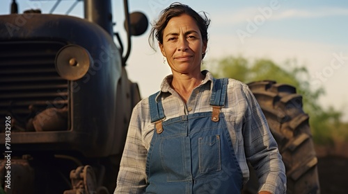 Mexican middle age female farmer standing next to the tractor