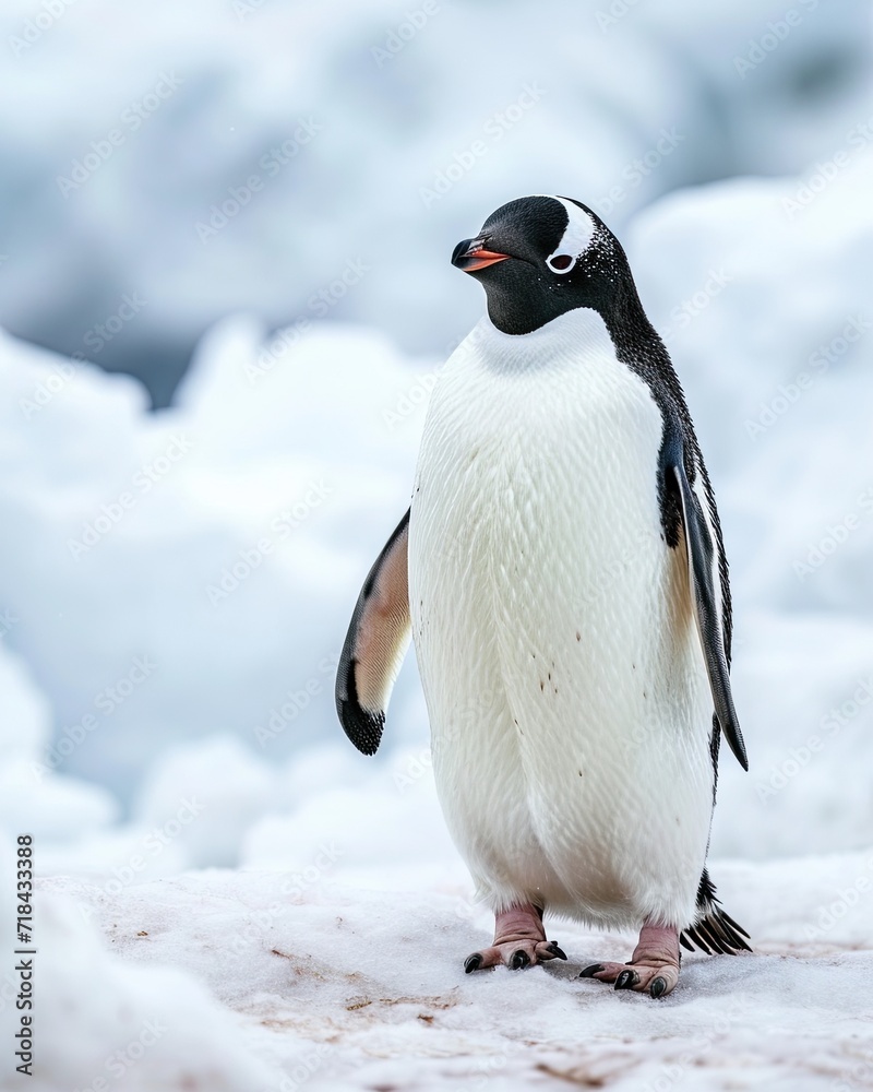 Obraz premium Penguin Adelie standing on snow ground AI Generative