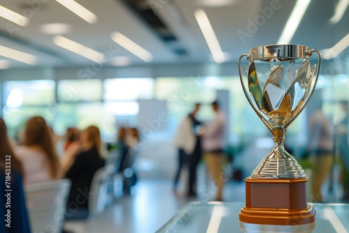 A shining trophy displayed prominently in a bustling office environment